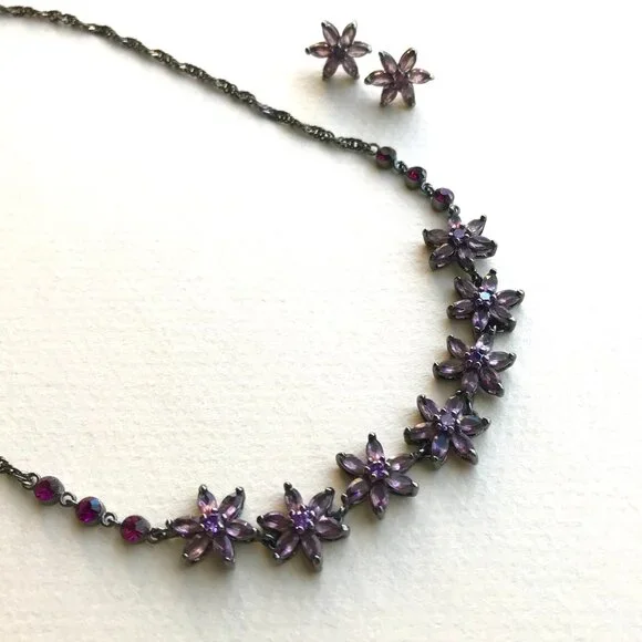 Vintage Dark Silver Necklace & Earrings Set w/ Faux Amethyst Flowers - Picture 2 of 5